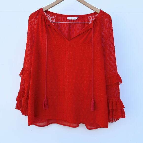 Tory Burch Swiss Dot Textured Red Orange Bell Sleeves Blouse 4 Top Boho Ruffle - Picture 3 of 10